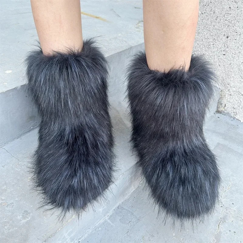 faux raccoon fur plush snow boots street women's warm fluffy fur mid-calf boots y2k