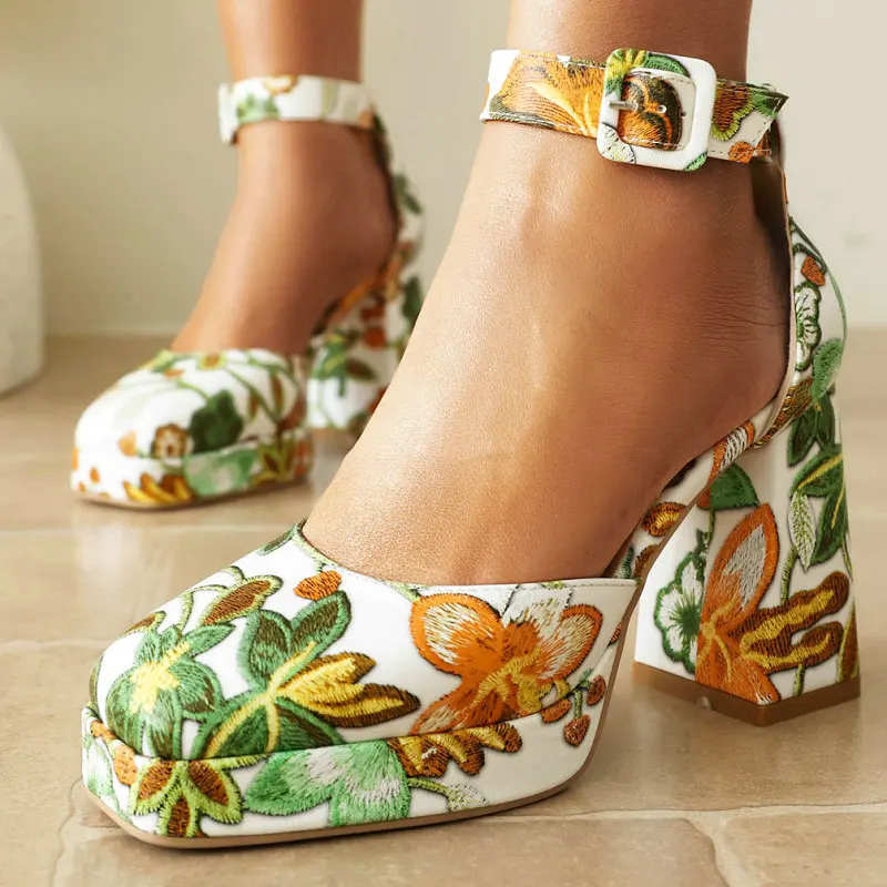 Colorful Flower Print Closed Toe Platform Women Summer Dress Pumps Two Pieces Ankle Wrap Block High Heels Sexy Woman Sandals