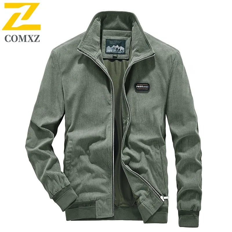 

COMXZ Men Corduroy Jacket 2025 Stand Collar Outdoor Business Office Golf Anti Wrinkle Windbreaker Autumn Jacket with No Hood