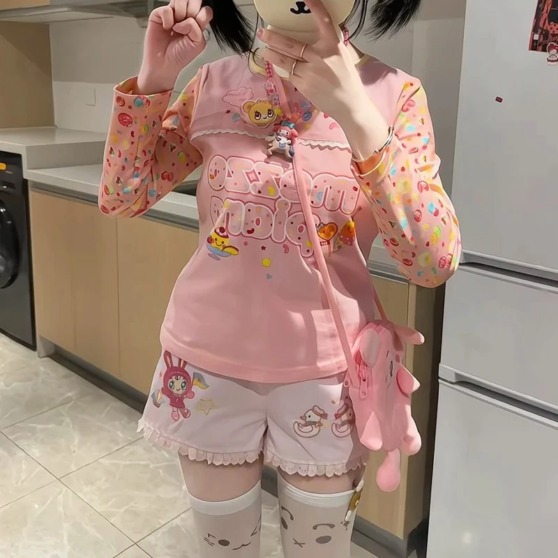 Pantaloncini Kawaii originali per ragazze giapponesi Studente Y2K Pantaloncini in vita elastica con ricamo a fumetti Pantaloncini casual quotidiani carini per figlia