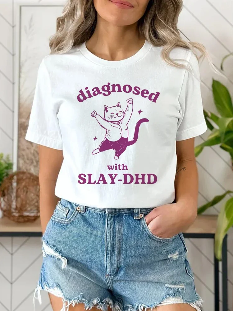 

Забавная модная футболка с коротким рукавом с принтом Slay DHD, топ с круглым вырезом, Повседневная универсальная летняя футболка с круглым вырезом.