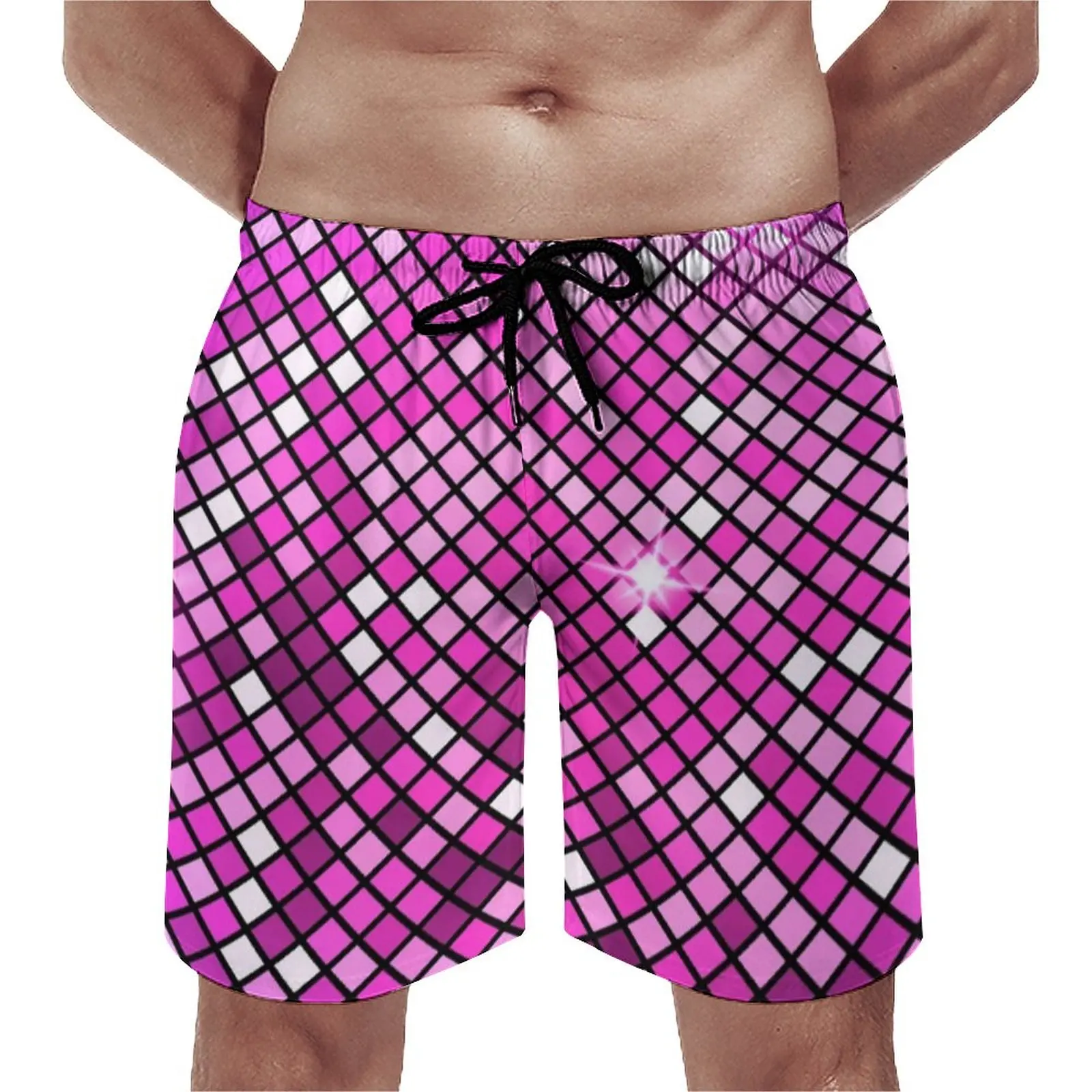 

Abstract Disco Ball Board Shorts Trenky Men Beach Shorts Pink Mosaic Print Plus Size Swim Trunks Classic