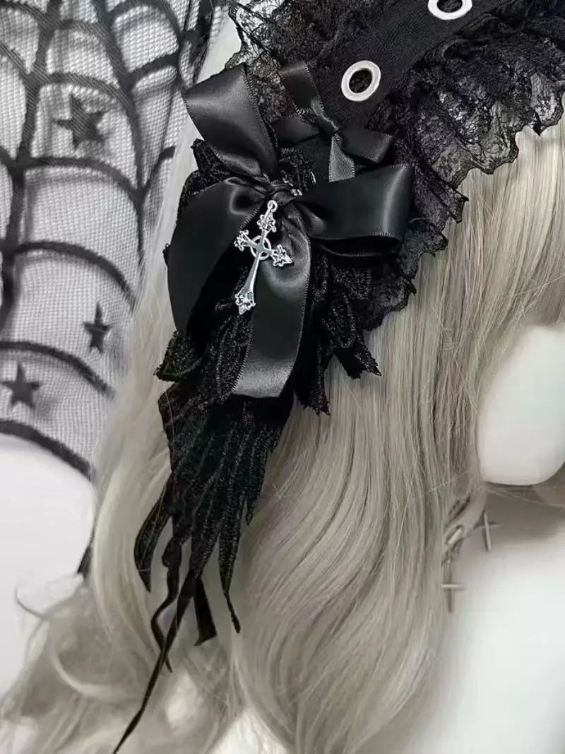 NONSAR 2025 일본 레이스 리본 윙 로리타 헤어밴드 다크 고딕 앵글 헤드웨어 로리타 애니메이션 코스프레 헤어 액세서리