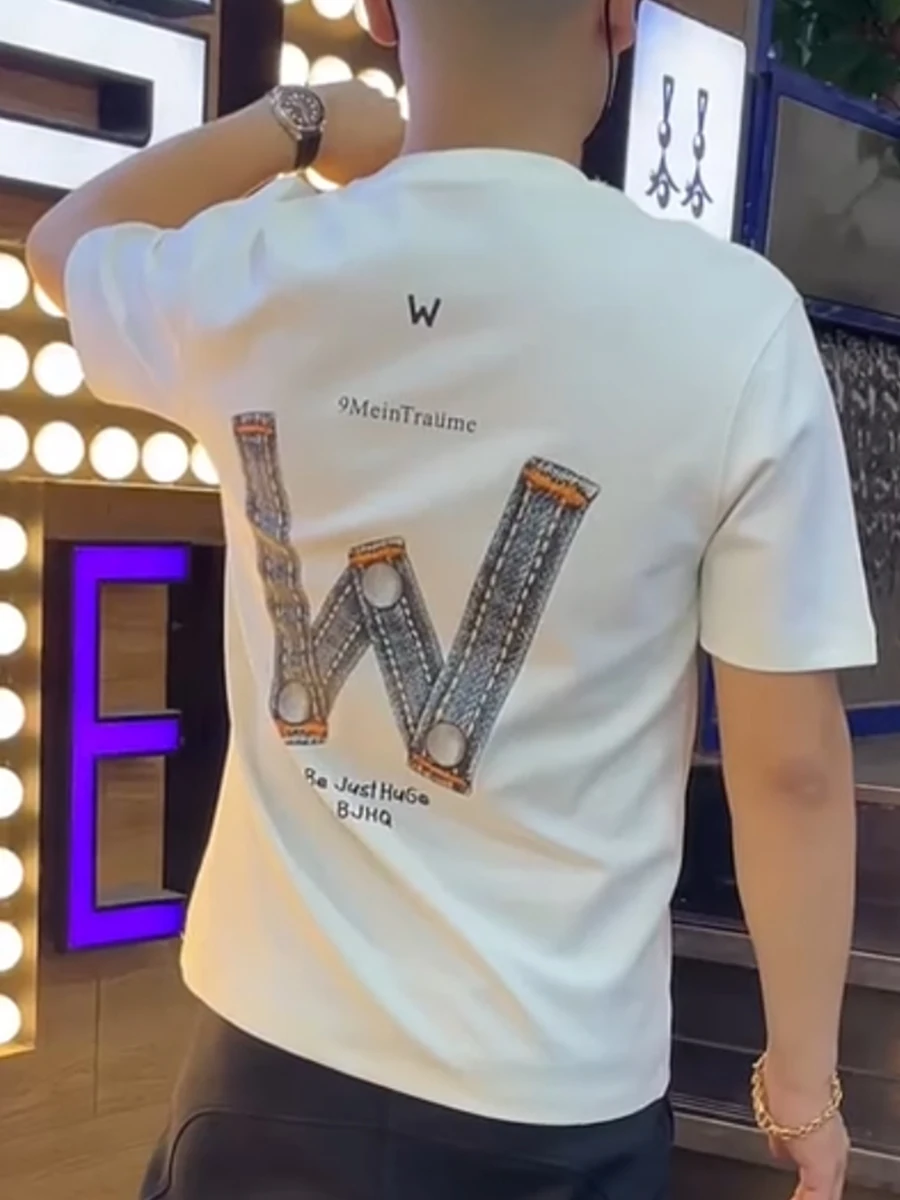 

Новая мужская модная футболка 2025 года с вышивкой в виде букв, круглым вырезом и коротким рукавом, универсальная, в корейском стиле