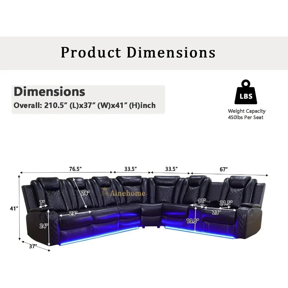 Power Recliner Set,  with LED Lights, Cup Holder, Hide-Away Storage, Leather Sectional Sofa Set for Living Room, Recliner