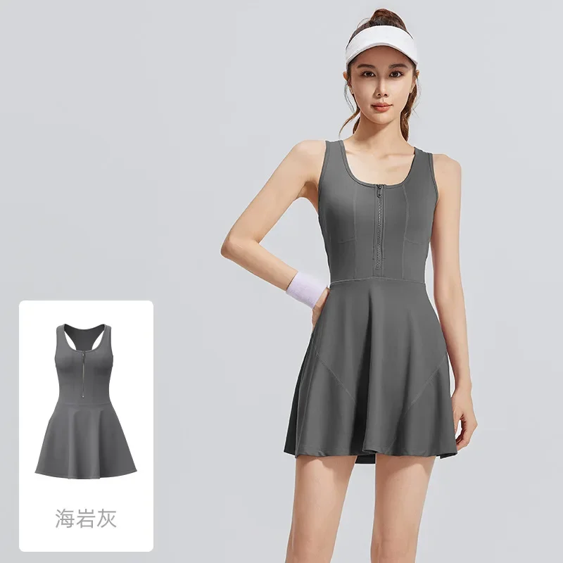 Women’s Tennis Dress Sleeveless Zipper One-Pieces Slim Fit Soft Sports Sets Golf Badminton Shorts Tracksuits With Chest Pads