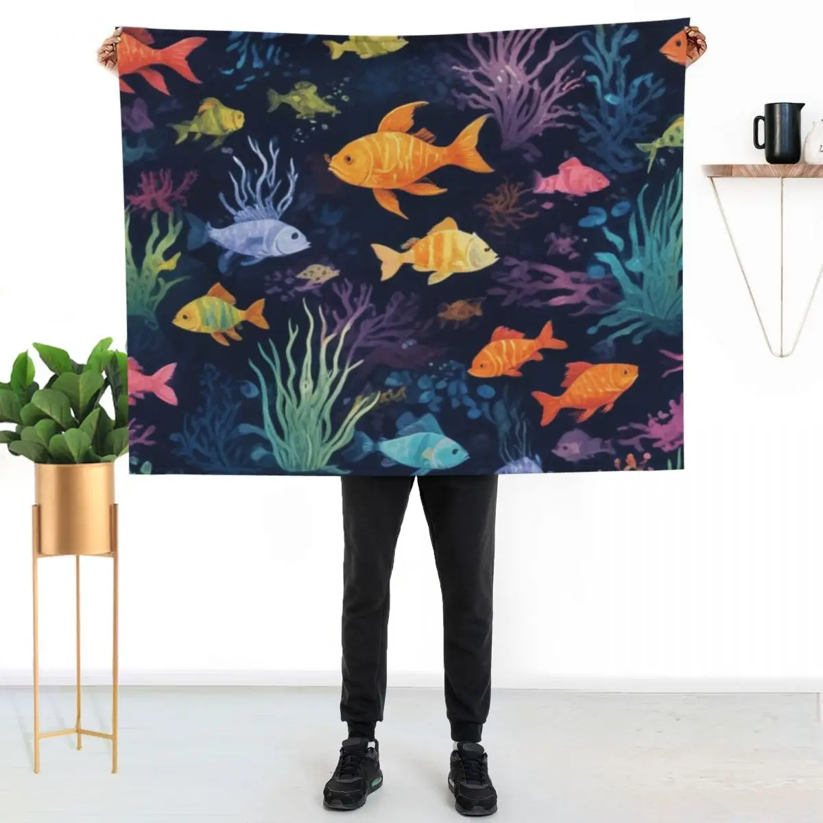 

Aqua fishes and coral reef ecosystem print design Throw Blanket Thin Soft Blanket for Summer Night Sleeping