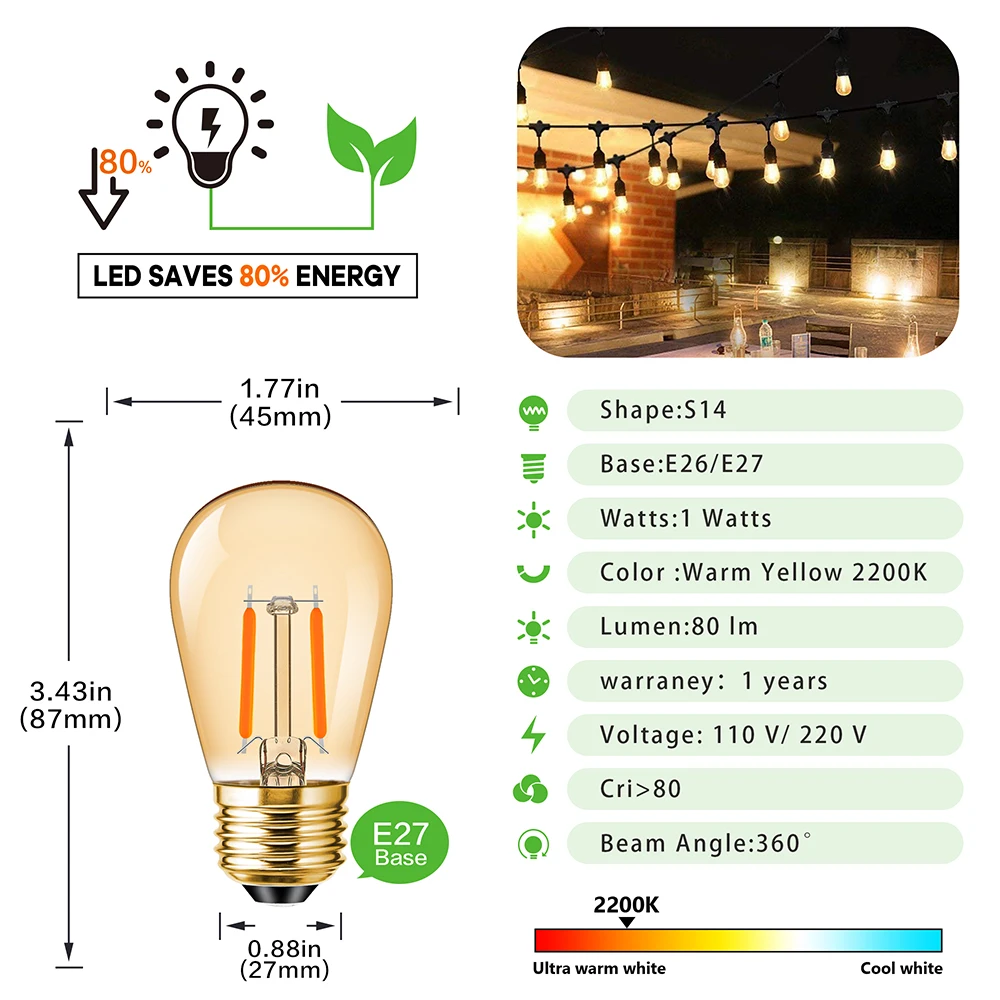 Bombillas Vintage de 15 piezas, E27, E26, S14, ST45, 1W, 2200K, bombilla de filamento Led ámbar de repuesto, 220V, 110V, para lámpara de mesa