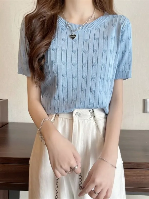 Slim Fit Short Sleeve T-Shirt Women's Knitted Chic Korean Style Twist Shoulder Top Summer Fashion Casual round Neck Short Length