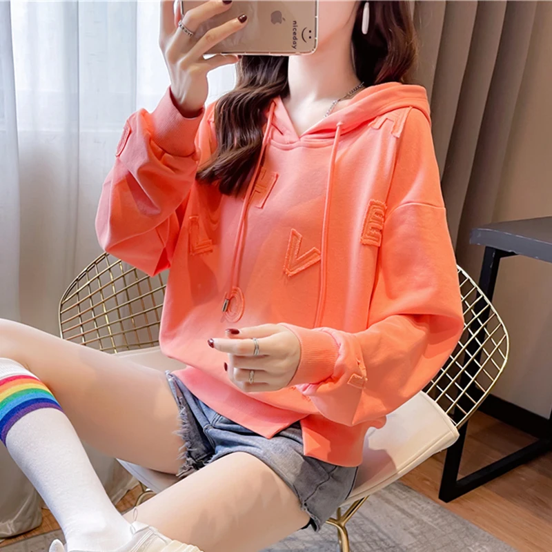 Spring Women's Oversized Hoodie Pullover Long Sleeve Letter Casual Hooded Sweatshirt Large Size Basic Coat Outerwear 2023