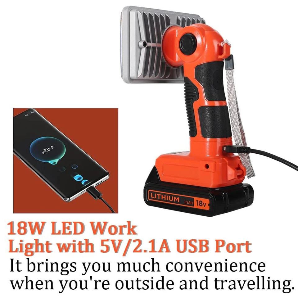 black & decker 70 lumen led rechargeable power tool flashlight Portable LED Lamp for Black & Decker Tools Li-Ion Battery 18W With USB  Indoor Outdoors Work Light High Quality Flashlight