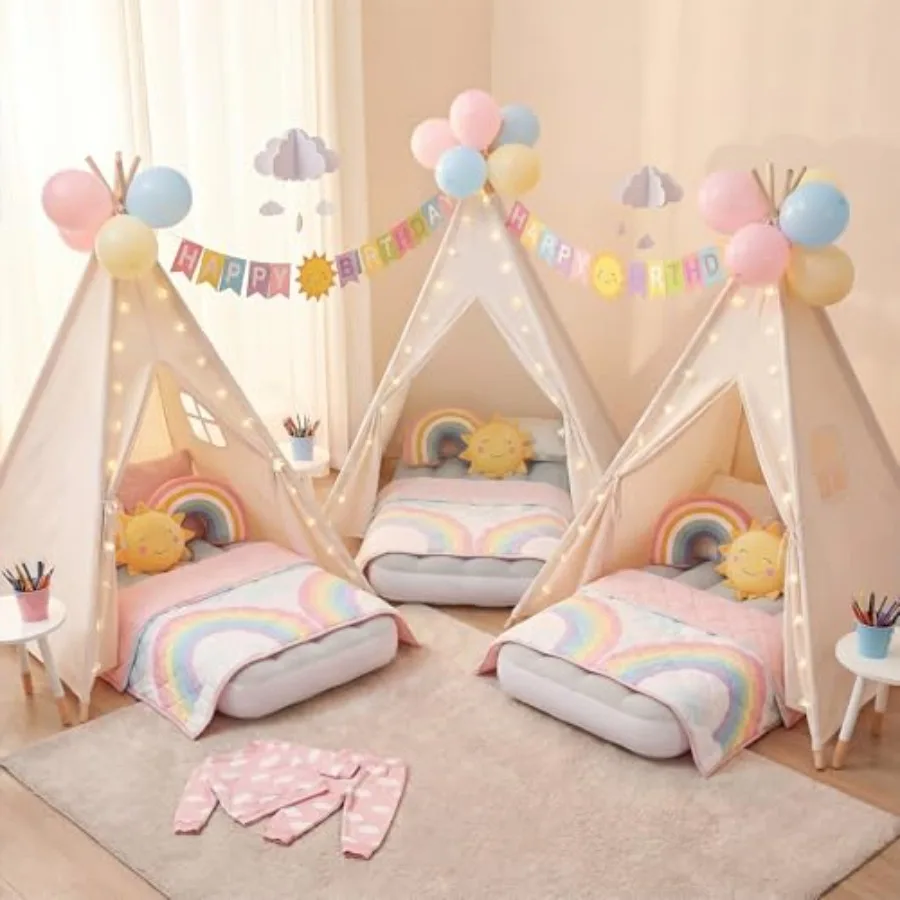 2er-Pack Tipi-Zelt mit aufblasbarem Luftbett, faltbares Indoor-Spielzelt für Jungen und Mädchen, Party, Übernachtung, Geschenke, Spielzeug in Pastellfarben