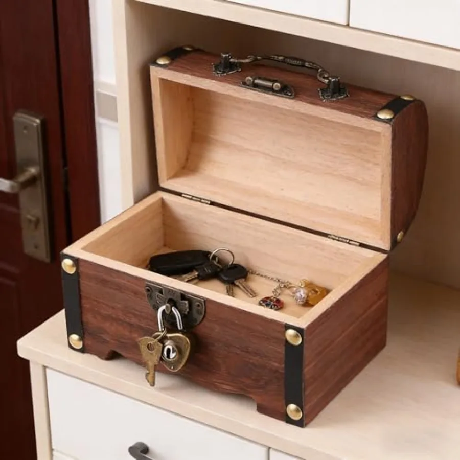 Retro Wooden Treasure Chest Storage Box, Wood Treasure Organizer Coin Box Piggy Bank with Lock and Keys for Adults