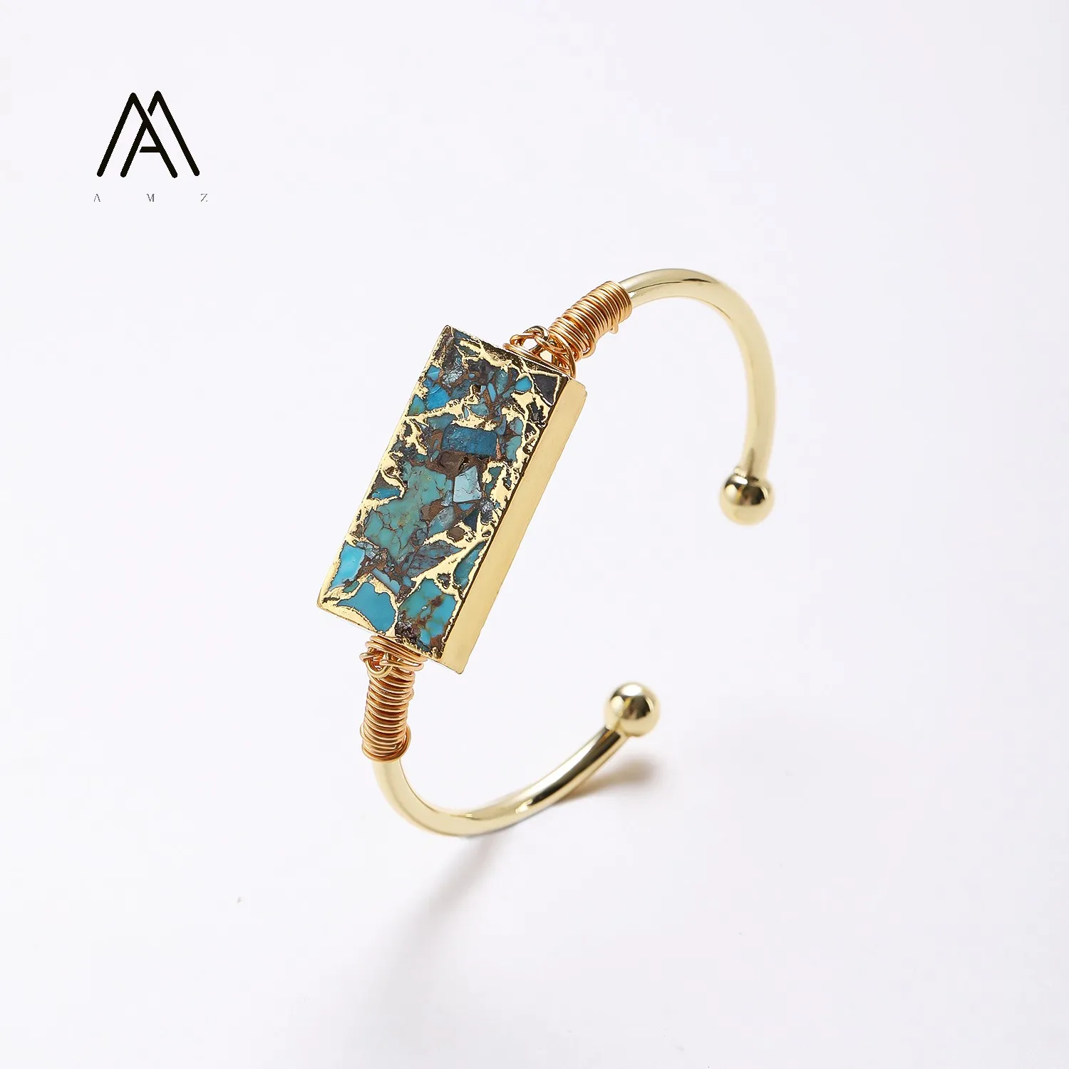 Natural Turquoise Stone Beads Cuff Bracelet 6 Different Appearances Open Bangle Women 18K Gold Plated Bracelet Jewelry Gift