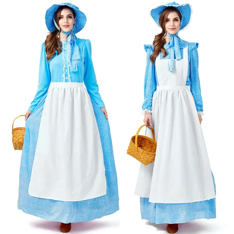 Blue Floral Colonial Pioneer Costume for Women Maiden Farm Prairie Dress Cosplay Halloween Party Carnival Costumes