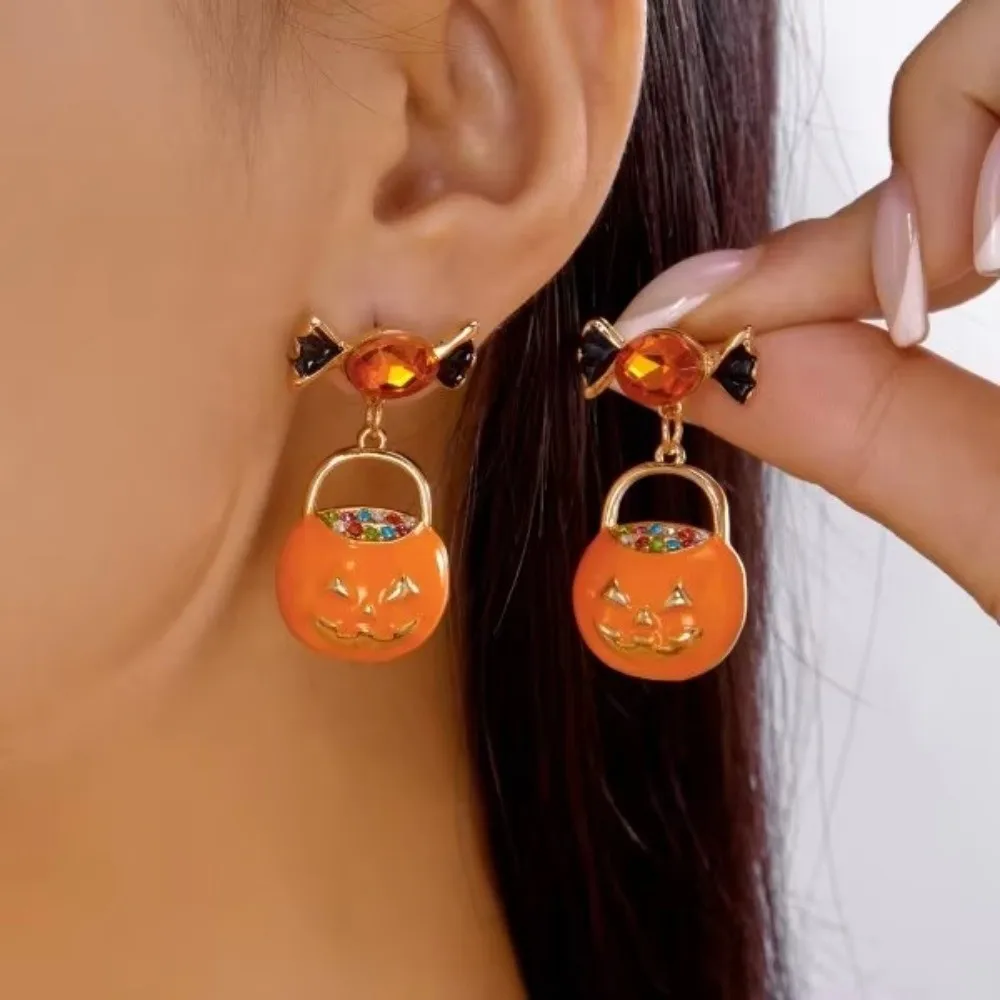 Creative Alloy Material Halloween Earrings Long Tassel Design Dripping Oil Effect Pumpkin Earrings Drop Earrings For Women