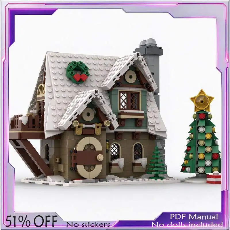 898PCS Little Elf Cottage Winter Village Modular House Building Blocks Set Snow Roof Christmas Tree Model Creative Display Gift