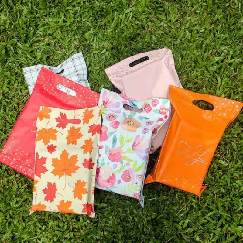 

Pink Portable Poly Mailer Adhesive Envelopes Packaging Bag DIY Thank You Courier Wedding Gifts Boxes Handle Shipping Pouches