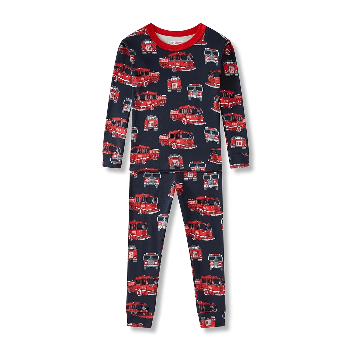 Conjunto de traje con estampado de camión rojo brillante para niños de 7 a 13 años, conjunto de cuello redondo con estampado completo, mangas largas, adecuado para el hogar/aire acondicionado