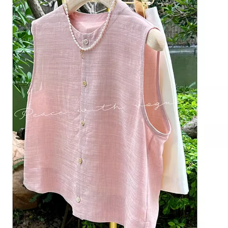 

2024 New Summer Korean Edition Sweet and Minimalist Versatile Loose Sleeveless Tank Top Solid Color Button Women's T-shirt Top