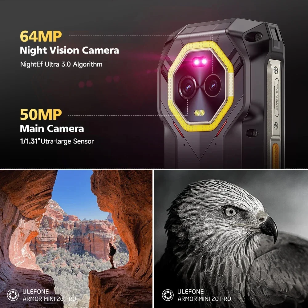 Ulefone Armor Mini 20 Pro ponsel pintar, ponsel berat 4.7 inci 16GB 256GB 5G Android 14 64MP kamera malam 6200mAh lampu LED NFC