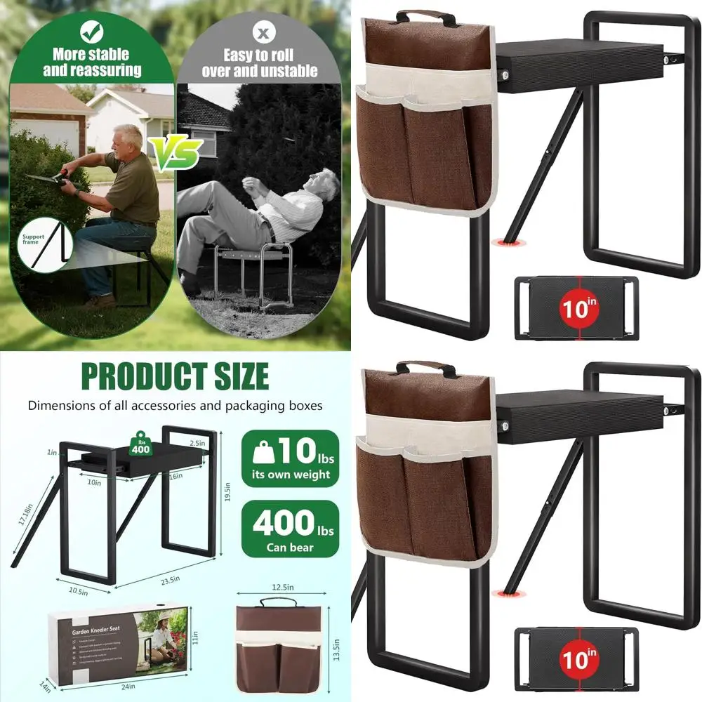 

Elderly-Friendly 400lb Folding Garden Seat with Thick Cushion, Support Legs, and Large Tool Bag - Black