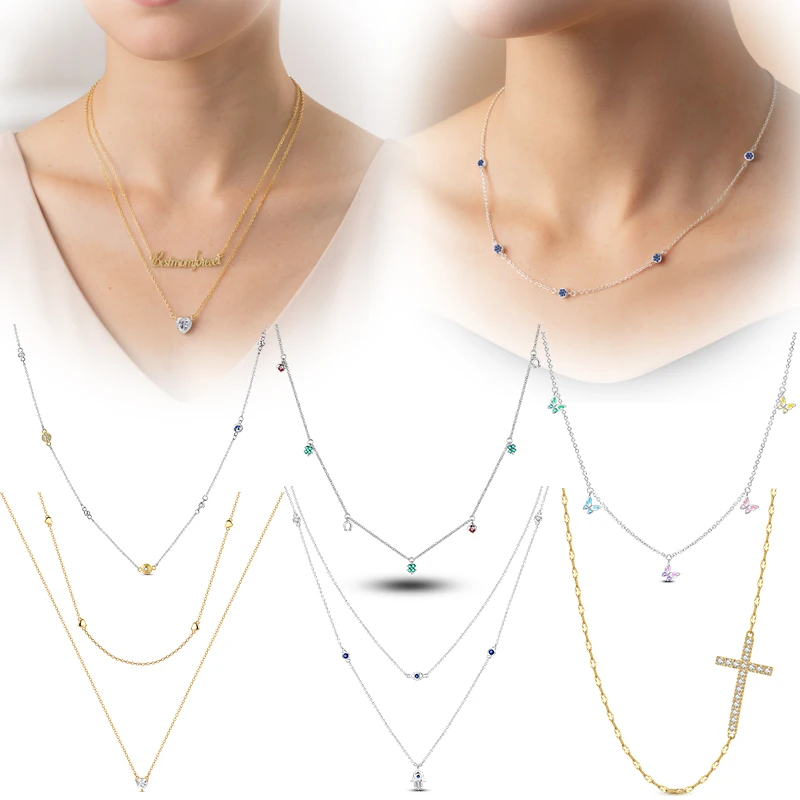 

925 Sterling Silver Necklaces For Women Butterfly Four Leaf Clover Ladybug Collarbone Chain Necklace Fit Charms DIY Fine Jewelry