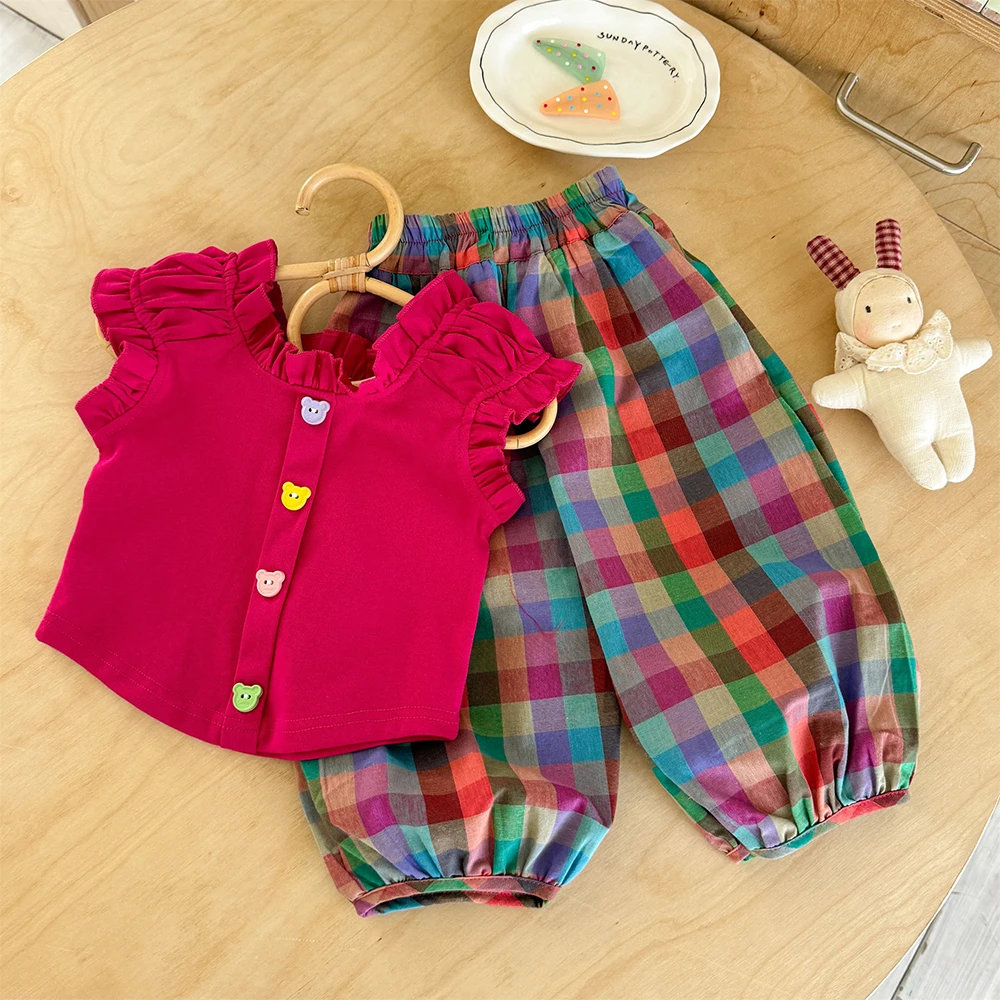 Girls Summer Clothes Set Rose Red Ruffles Sleeve T-shirts+Plaid Pants 2Ps for Kids Korean Style Children Clothing Outfit Suit