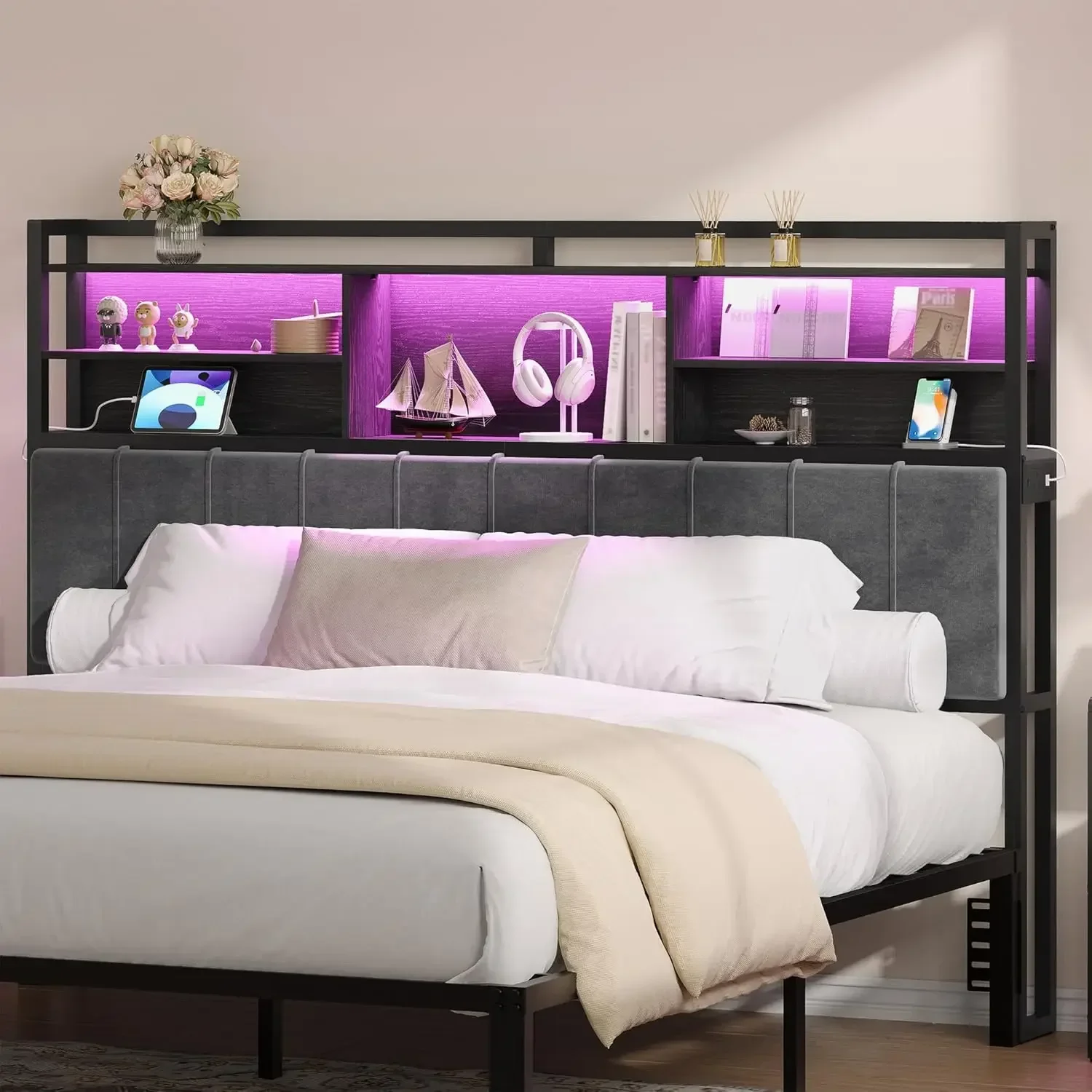 Headboard with 3-Tier Storage Shelves, Velvet Upholstered Head Board with 2 Outlets, USB Ports & LED Light, Soft Backrest for Ki