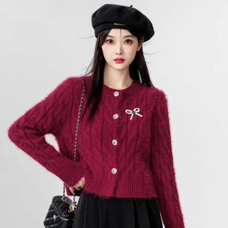 

Черный короткий свитер, куртка, осень-зима, новый норковый мех, мягкий восковой вязаный кардиган с круглым вырезом, короткий топ для женщин