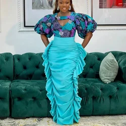 Women Skirt with Tierred Maxi Female Skirt Fashionable Turquoise Skirt High Waist Pencil Style Newest
