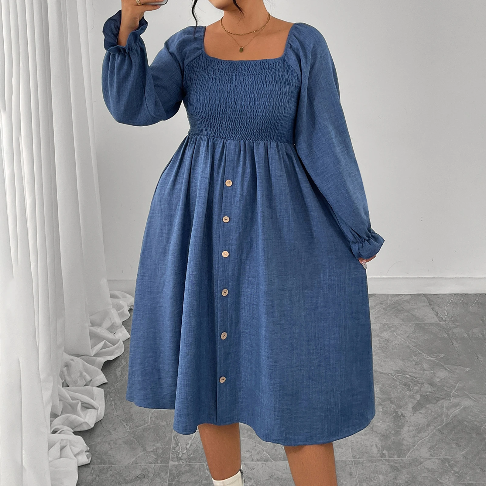 2026 أزياء المرأة الخريف حجم كبير فستان طويل الأكمام ساحة الرقبة زر حتى ألف خط فساتين متوسطة الطول للفتيات متعرج #2