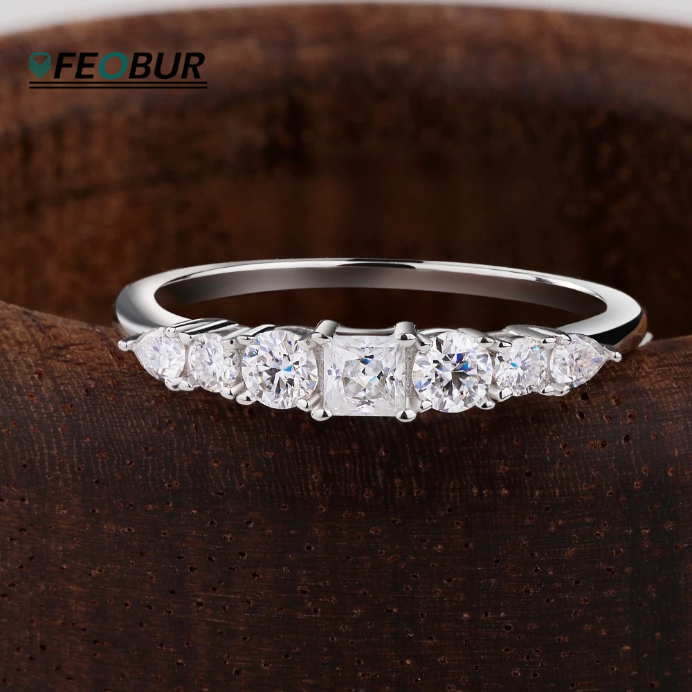 

7-Gems Full Moissanite Rings for Women 100% 925 Sterling Silver Irregular Diamond Eternity Band Stackable Wedding Ring Jewelry