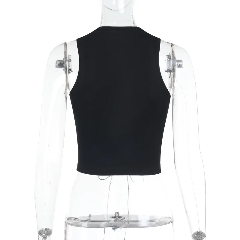 Femmes Sexy évider à lacets débardeur culture hauts 2025 été col rond sans manches champignon bord gilets maigres mode t-shirts occasionnels Clubwear