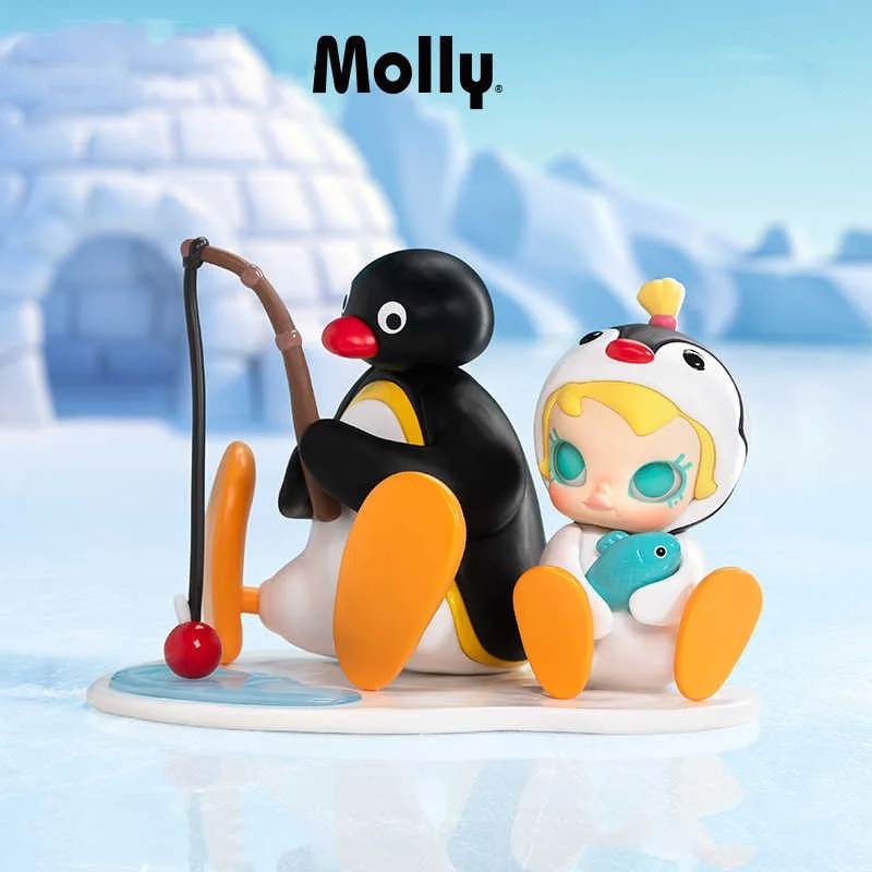 Novo genuíno 10.4cm bebê molly × pingu modelo de tempo de pesca bonito pendurar cartão mesa decoração aniversário crianças presente natal