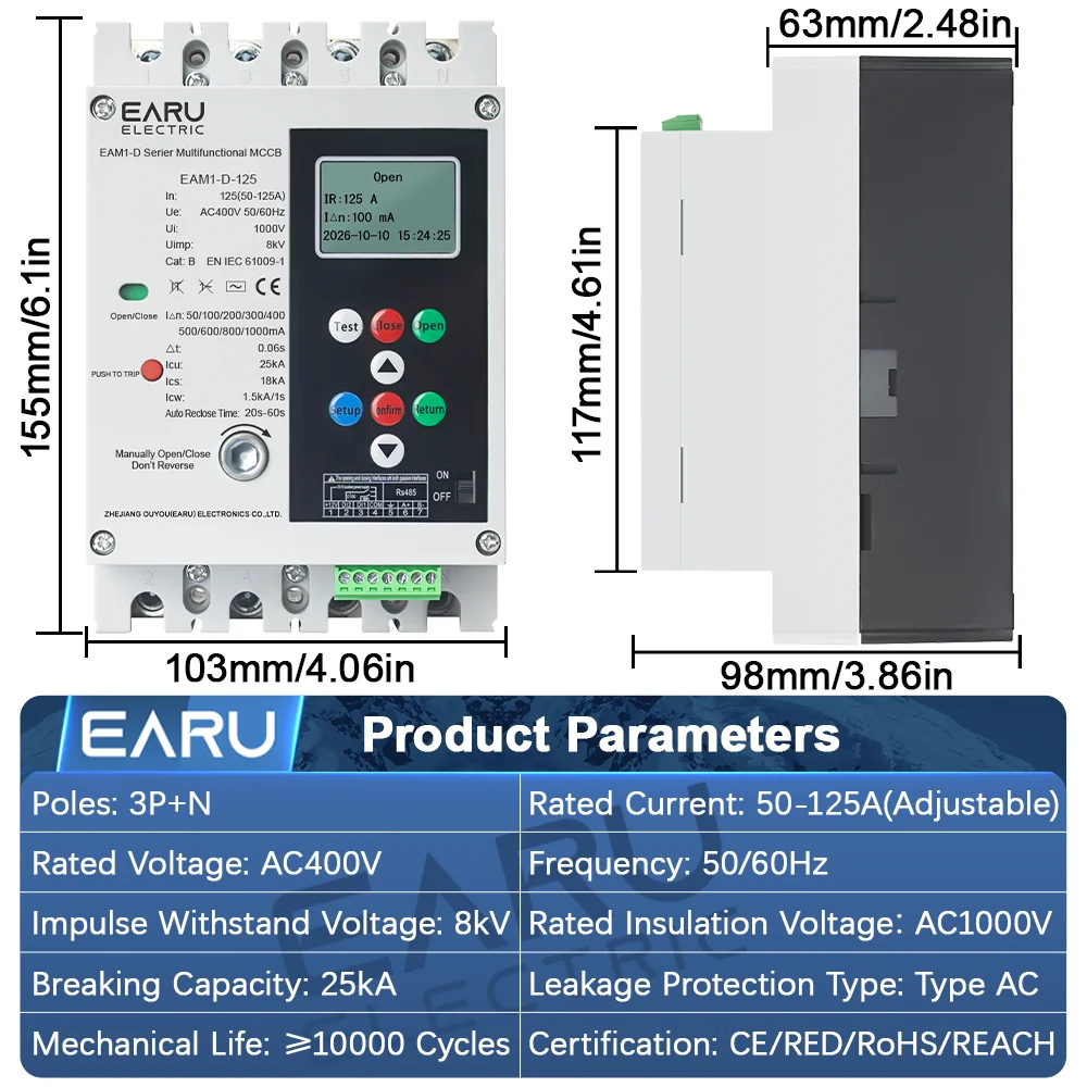 EARU 4P 125A RS485 Mutlifunctional MCB MCCB RCBO Recloser Over Under Voltage Current Protector Short Circuit Leakage Protection
