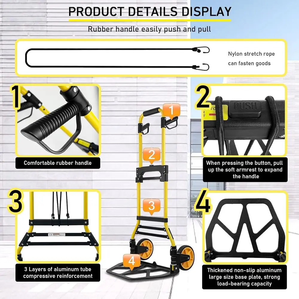 Przenośny aluminiowy wózek na bagaż o udźwigu 200 kg, składany wózek do podróży, biura i dla osób z ograniczeniami w mobilności.