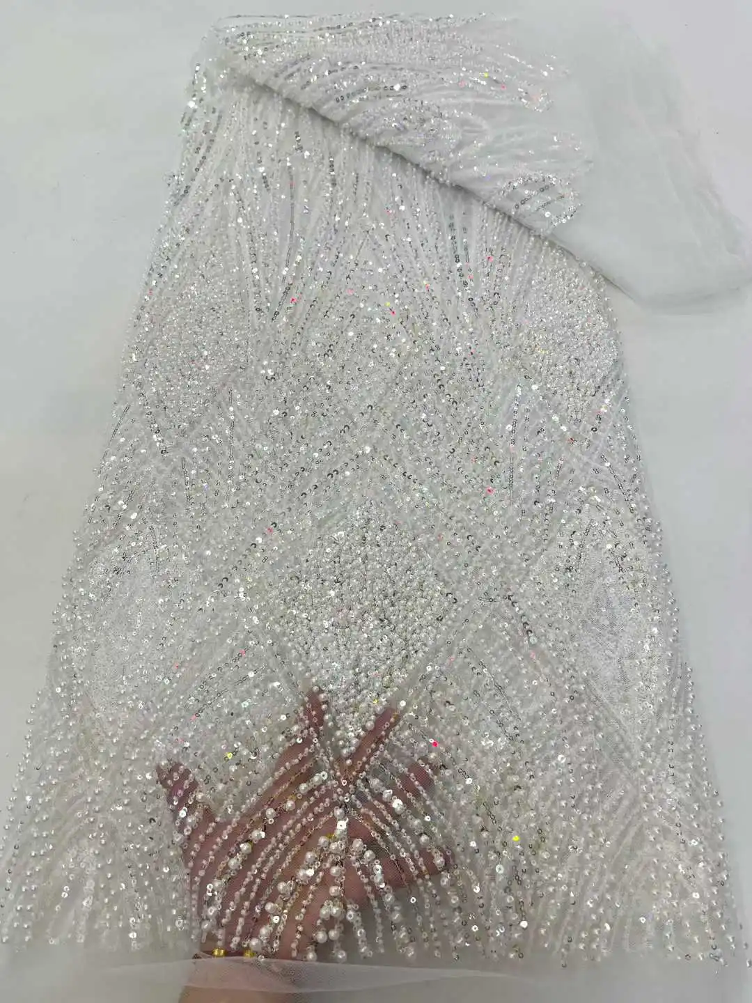

Luxury African 3D Lace Fabric High-Quality French Sequins Nigerian Beads Material for Women's Party Wedding Dresses