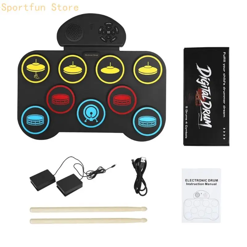 Electronic Drum with Integrated Speaker and Sound Input Output Ports, Foldable 9-Zone Playing Mat, Type-C Connection and Speed