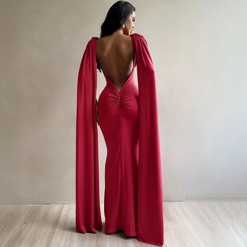 Doyerl Sexy Backless Evening Dresses for Women Elegant Celebrity Night Club Fly Sleeve Ruched Party Prom Bodycon Maxi Dress Robe