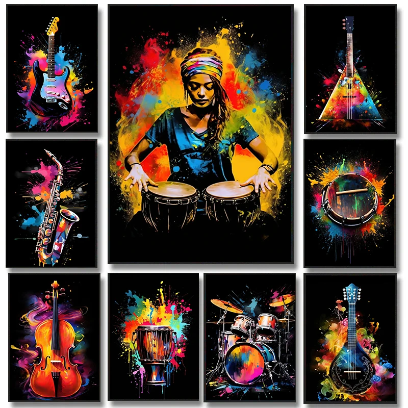 Colorful Musical Instrument Poster African Drum Bagpipe Electric Guitar Poster Canvas Painting Wall Art Picture Home Decor