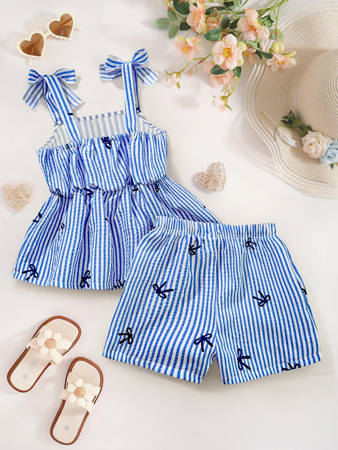 2-Piece Set for Baby Girls, Summer Thin Shorts Outfit, Baby Girl Bow Print Decoration Square Neck Sleeveless Top + Matching Elastic Waist Shorts, Cute and Fashionable Princess Two-Piece Set for Girls, Newborn First Birthday Gift, Comfortable and Soft, Suitable for 0-1-2-3 Years Old, 6-9 Months, Suitable for Outdoor, Casual, Party, Festival Gift