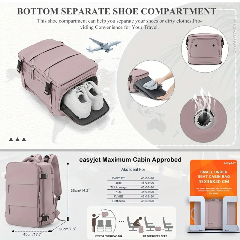 男性用および女性用のトラベルバックパック、航空会社承認済みのラップトップバックパック、15.6インチに適しています、防水パーソナルウエストバッグ、