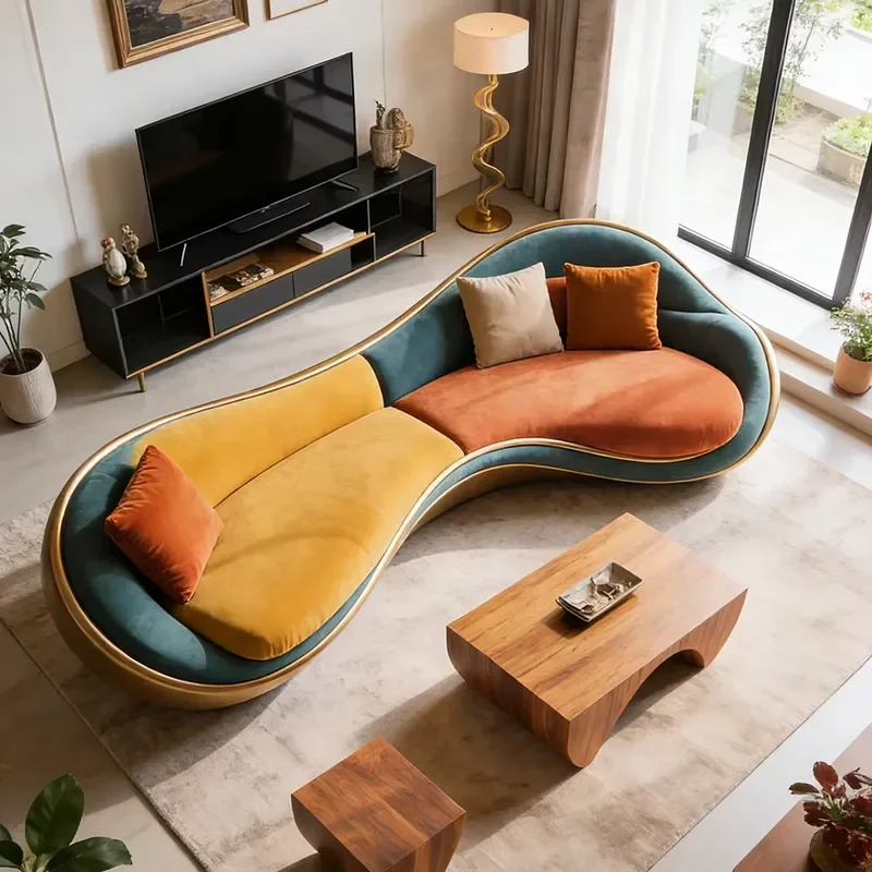 Luxury Modern Curved Velvet Sofa Living Room Furniture Set Cloud  Unique Modeling Seat