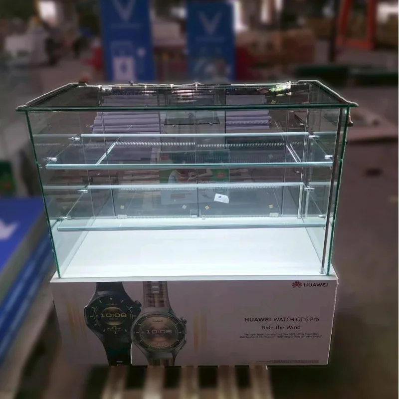 custom.Modern Retail Display Counter Glass Top Showcase Table LED Lighting Metal Base Storage Cabinet Mirror Back Waterproof