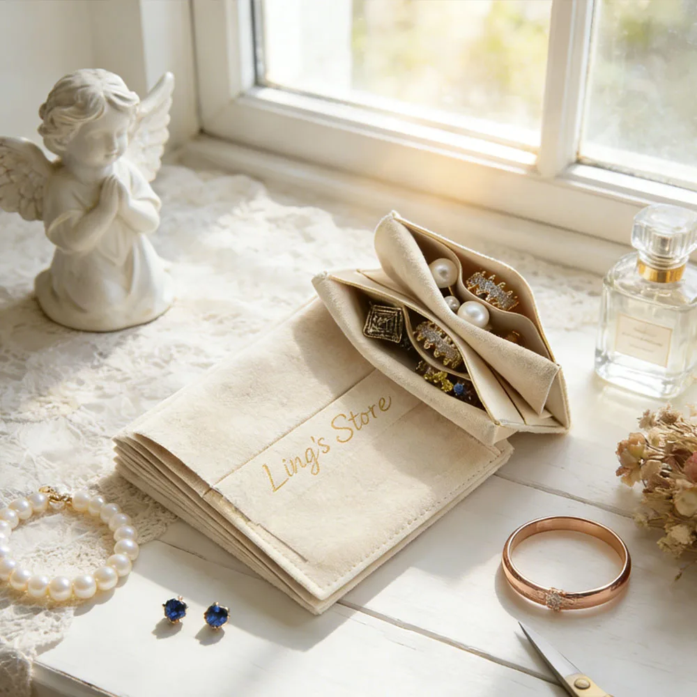 

50Pcs/Lot Custom Logo Jewelry Bag Inside With Divider Microfiber Velvet Suede Envelope Pouch Rings Earrings Seperately Protect