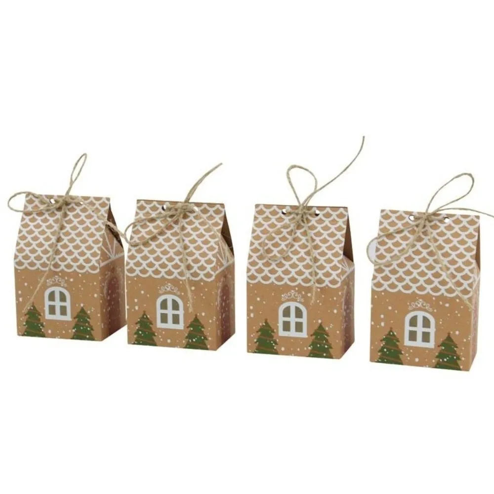 

25/50/100pcs Christmas Candy Packing Box House-shaped Kraft Paper Cookie Storage Bag Twine Closure Present Bag for Party Favors