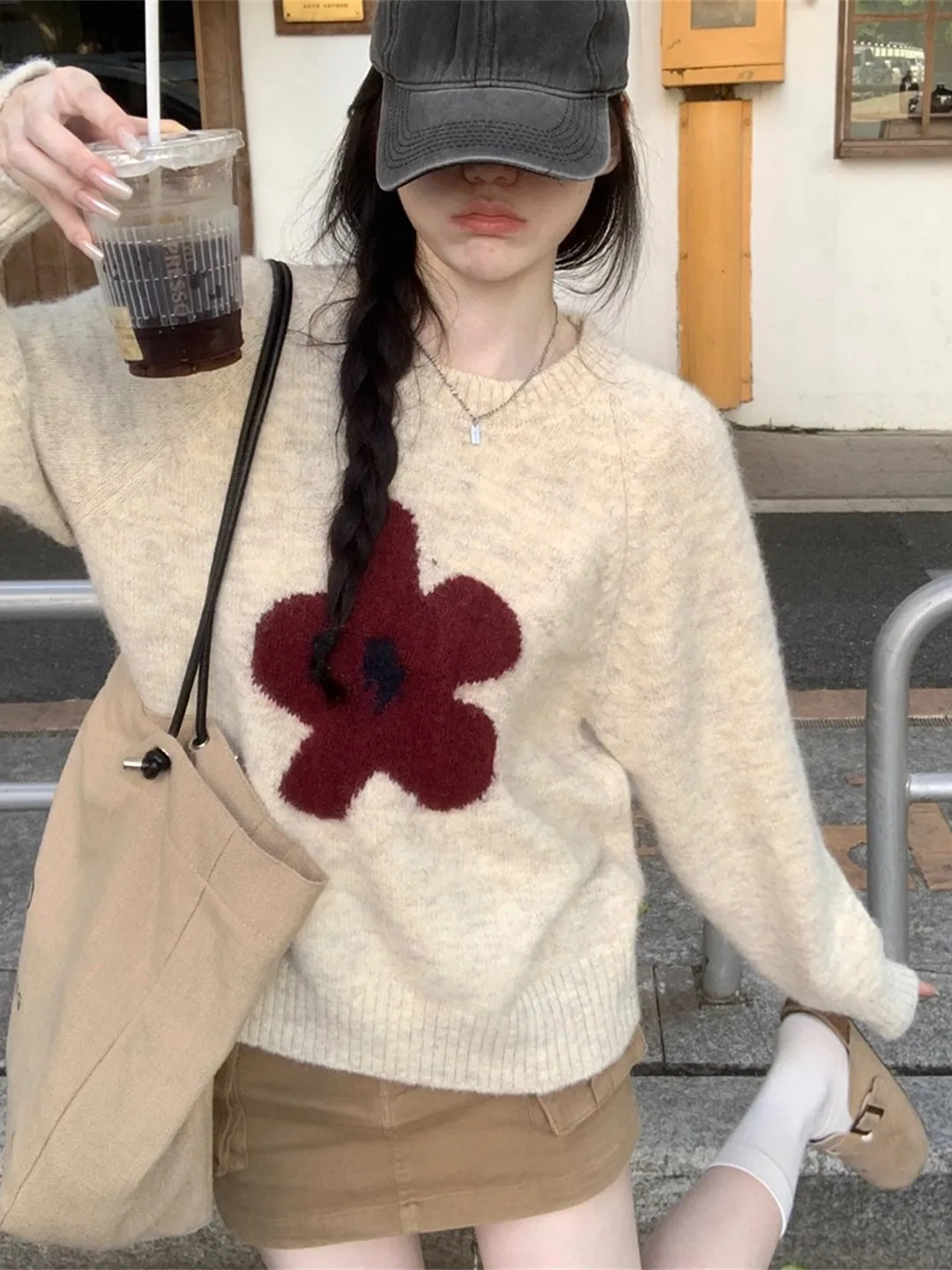 الكورية Sle Thiened رقيق محبوك سترة المرأة الخريف الشتاء فضفاضة تناسب الجولة Ne طباعة التطريز طويل Sve #3