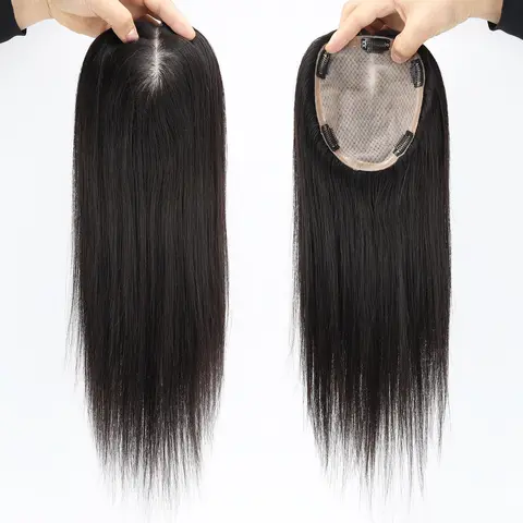 15X17CM 전체 손으로 묶인 실크베이스 인간의 머리카락 토퍼 여성용 실크 탑 버진 유럽 헤어 가발 클립 포함 자연 두피