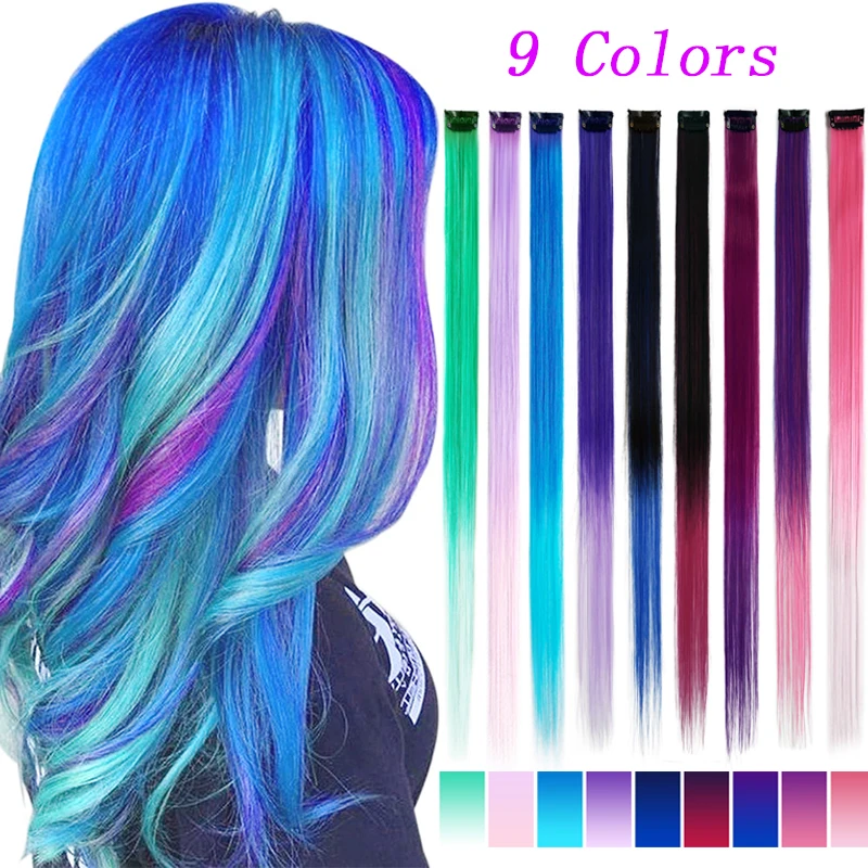 20PCS/Pack Colored Highlight Synthetic Hair Extensions Rainbow 22inch Straight Hairpieces for Women Kids Girls Purple Pink Blue